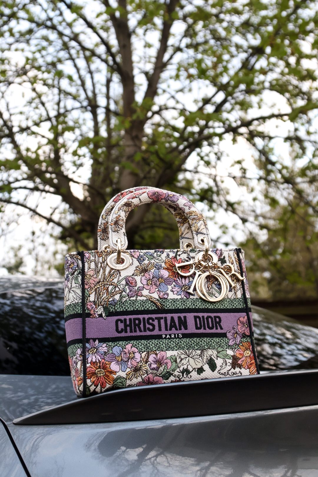 Kwiatowa torebka Lady Dior na masce auta
